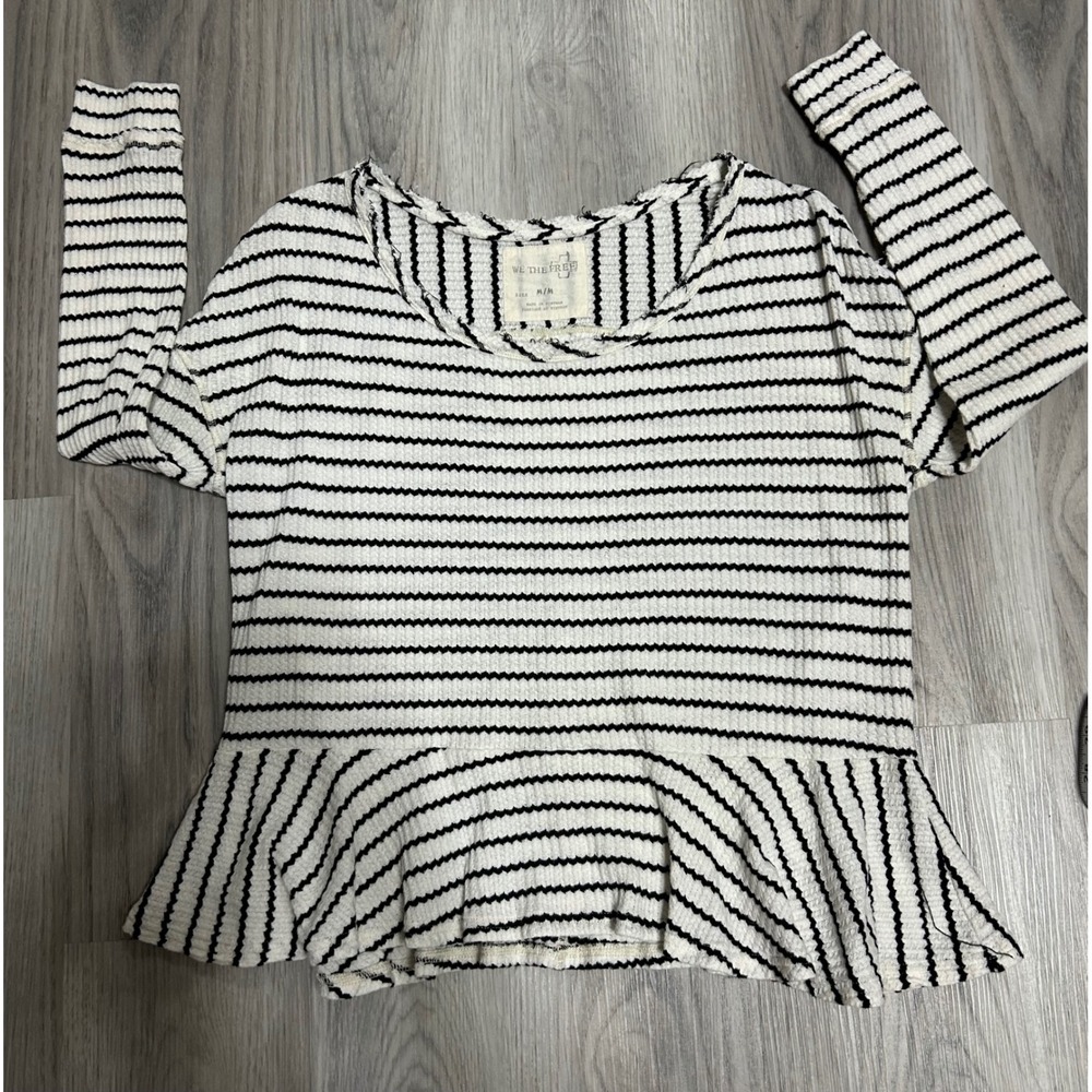 We The Free Free People Striped Waffle Knit Peplum Thermal Top Black White M